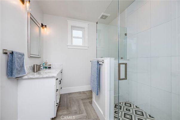 Bathroom, Glass Shower, Interior, Wood Texture Flooring