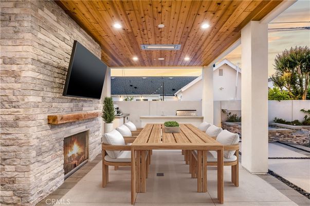 Exterior, Fireplace, Recessed Lighting, Stone Walls