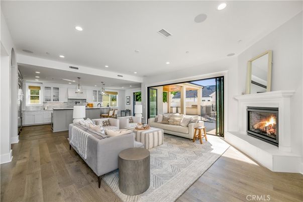 Fireplace, Interior, Kitchen, Living room, Pendant Lights, Recessed Lighting, Wood Texture Flooring