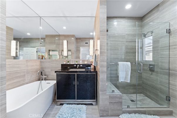 Bathroom, Free Standing Baths, Glass Shower, Interior, Recessed Lighting