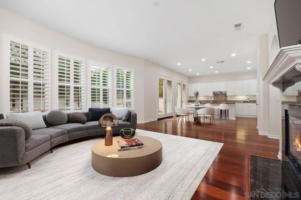 Dining room, Fireplace, Interior, Kitchen, Living room, Recessed Lighting, Wood Texture Flooring