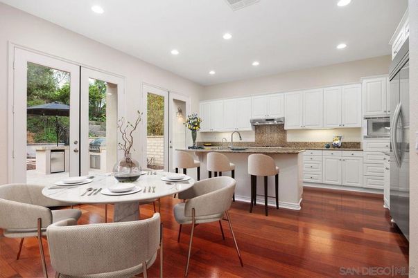 Dining room, Interior, Kitchen, Recessed Lighting, Stainless Steel Appliances, Wood Texture Flooring