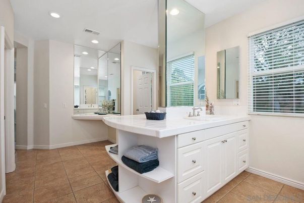 Bathroom, Dual Sink Vanities, Interior, Recessed Lighting, Tile Countertops