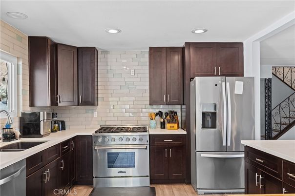 Interior, Kitchen, Recessed Lighting, Stainless Steel Appliances, Wood Texture Flooring