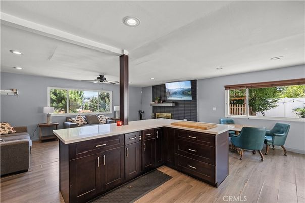 Fireplace, Home Office, Interior, Recessed Lighting, Stone Walls, Wood Texture Flooring