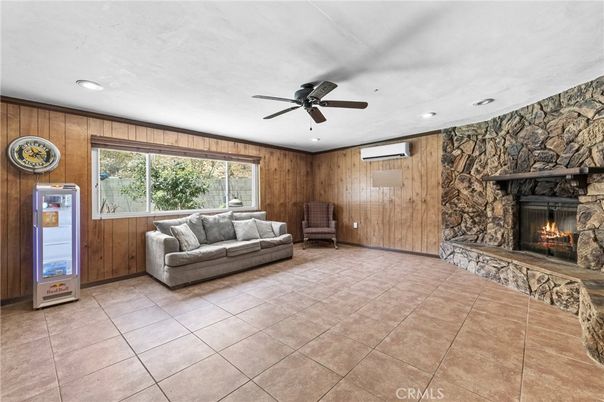 Fireplace, Interior, Recessed Lighting, Stone Walls, Wooden Walls