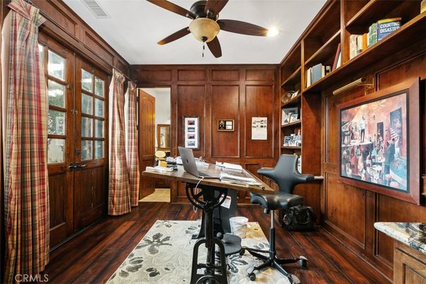 Home Office, Interior, Recessed Lighting, Wood Texture Flooring, Wooden Walls