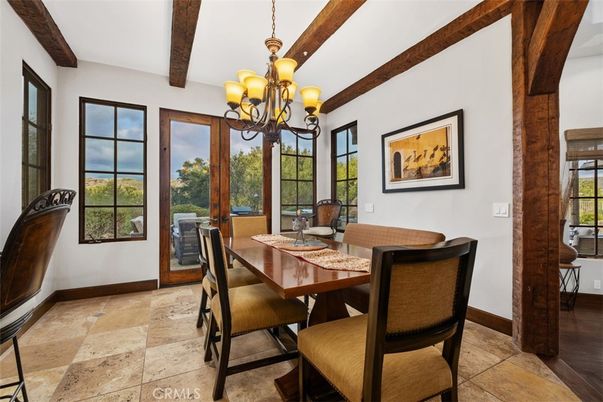 Chandelier, Dining room, Interior, Wooden Beams