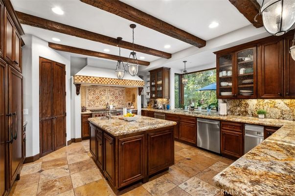 Interior, Kitchen, Pendant Lights, Recessed Lighting, Stainless Steel Appliances, Wooden Beams