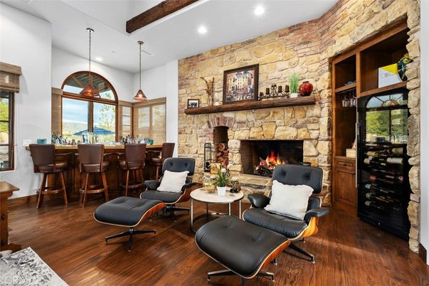 Fireplace, Interior, Pendant Lights, Recessed Lighting, Stone Walls, Wooden Beams, Wood Texture Flooring