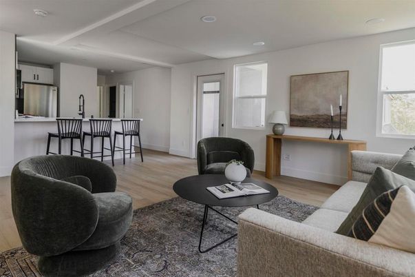 Interior, Kitchen, Living room, Recessed Lighting, Stainless Steel Appliances, Wood Texture Flooring