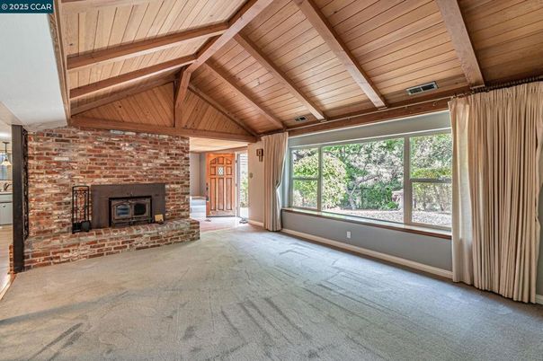 Empty room, Fireplace, Interior, Stone Walls, Wooden Beams, Wooden Ceilings