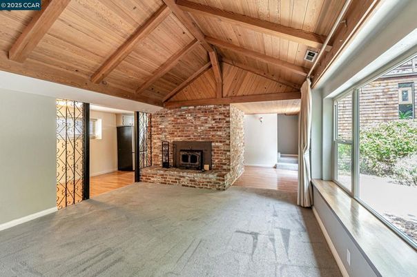 Empty room, Fireplace, Interior, Stone Walls, Wooden Beams, Wooden Ceilings, Wood Texture Flooring