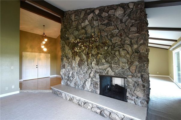 Empty room, Fireplace, Interior, Pendant Lights, Stone Walls