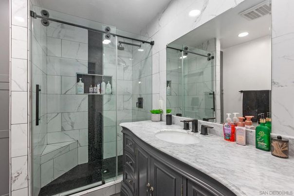 Bathroom, Glass Shower, Interior, Marble Walls, Recessed Lighting