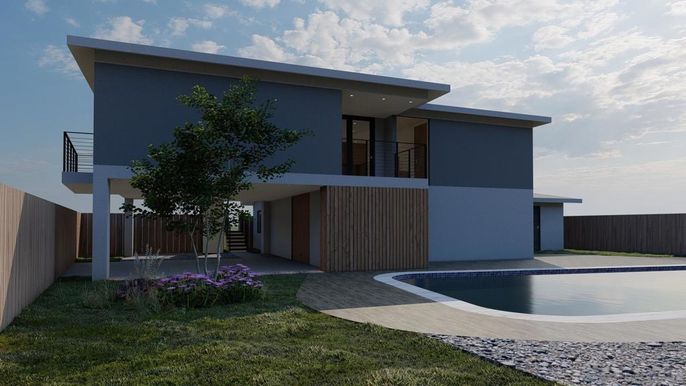 Backyard, Exterior, Facade, Pool, Modern