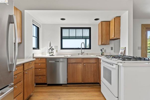 Interior, Kitchen, Recessed Lighting, Stainless Steel Appliances, Wood Texture Flooring