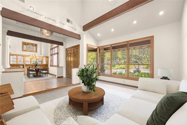 Chandelier, Dining room, Interior, Living room, Recessed Lighting, Wooden Beams