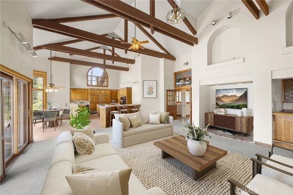 Dining room, Interior, Living room, Pendant Lights, Wooden Beams