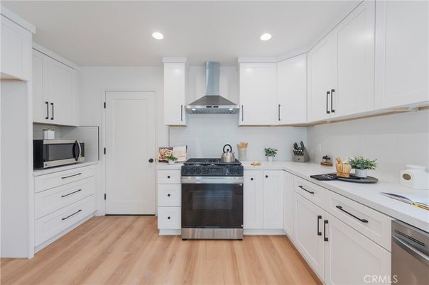 Interior, Kitchen, Recessed Lighting, Stainless Steel Appliances, Wood Texture Flooring
