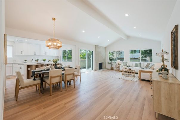 Chandelier, Dining room, Interior, Kitchen, Living room, Pendant Lights, Recessed Lighting, Wood Texture Flooring