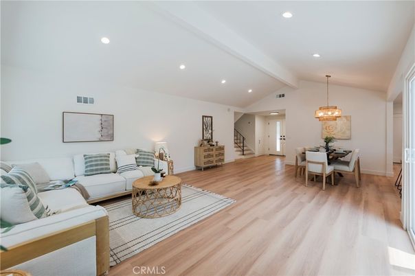Dining room, Interior, Living room, Pendant Lights, Recessed Lighting, Wood Texture Flooring