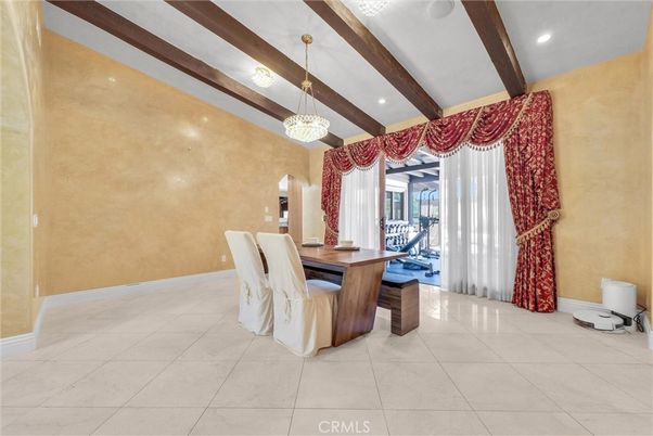 Chandelier, Home Office, Interior, Recessed Lighting, Wooden Beams