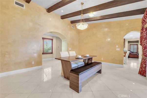 Chandelier, Dining room, Interior, Recessed Lighting, Wooden Beams