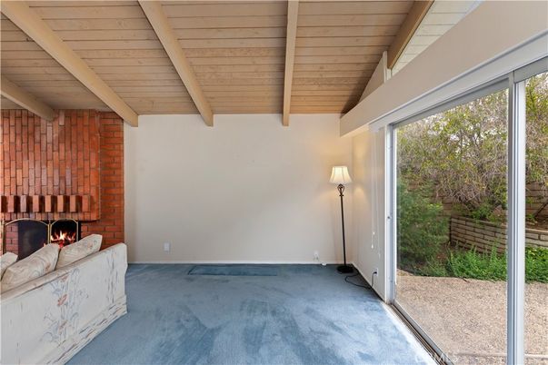 Empty room, Fireplace, Interior, Stone Walls, Wooden Ceilings