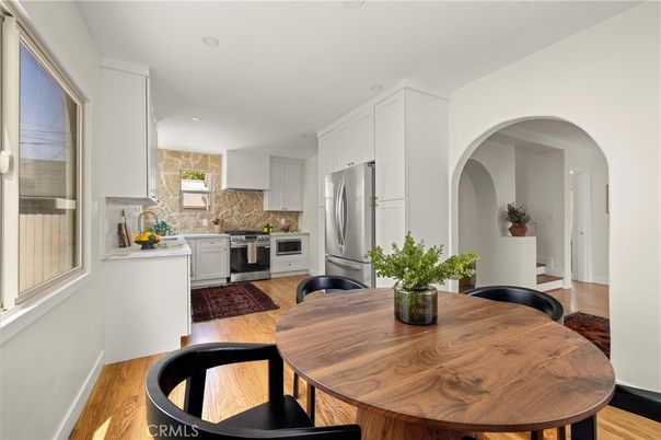 Dining room, Interior, Kitchen, Recessed Lighting, Stainless Steel Appliances, Wood Texture Flooring