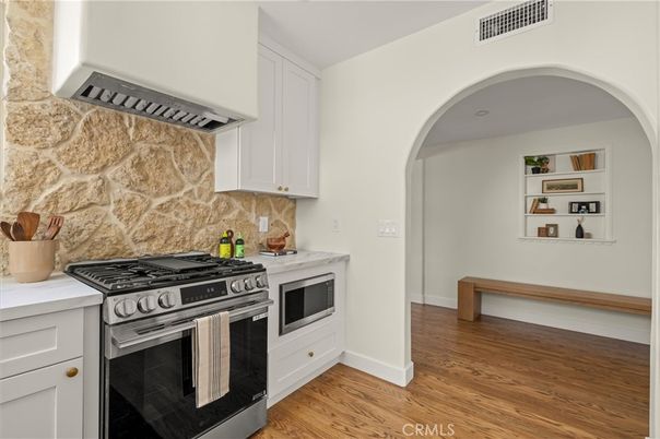 Interior, Kitchen, Stainless Steel Appliances, Stone Walls, Wood Texture Flooring