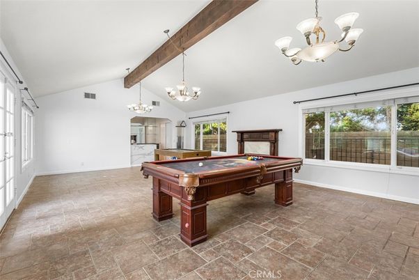 Billiard Table, Chandelier, Game Room, Interior, Wooden Beams