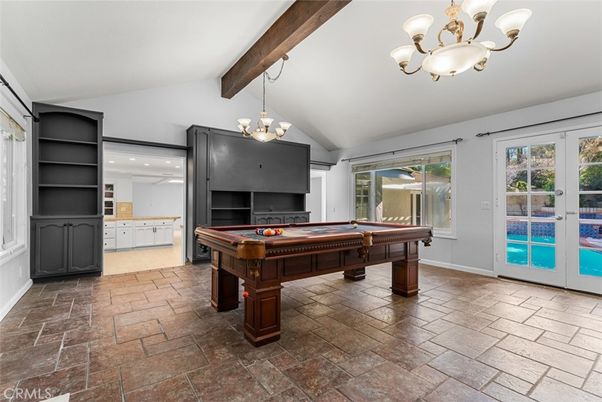 Billiard Table, Chandelier, Fireplace, Game Room, Interior, Recessed Lighting, Wooden Beams