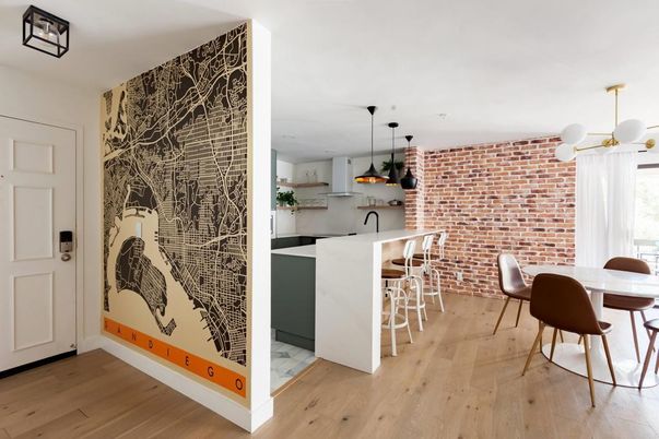 Dining room, Interior, Pendant Lights, Recessed Lighting, Stone Walls, Wood Texture Flooring