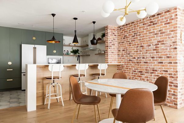 Dining room, Interior, Kitchen, Pendant Lights, Stone Walls, Wood Texture Flooring