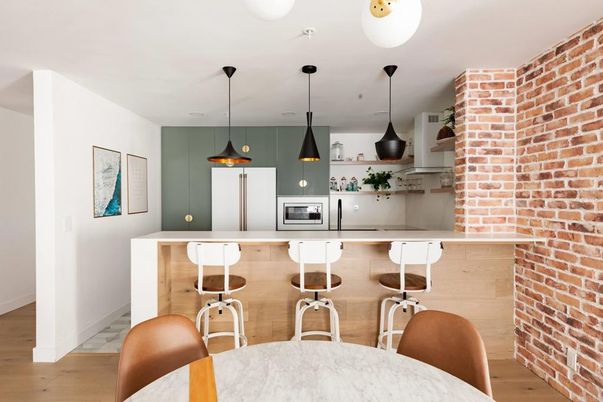 Interior, Kitchen, Pendant Lights, Stone Walls, Wood Texture Flooring