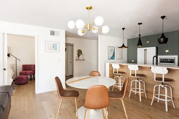Dining room, Interior, Kitchen, Pendant Lights, Wood Texture Flooring
