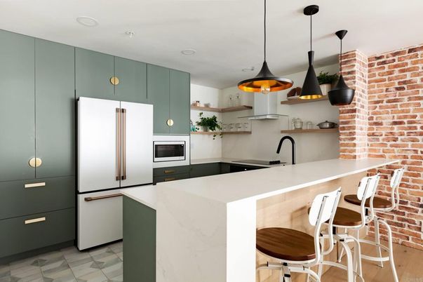 Interior, Kitchen, Pendant Lights, Recessed Lighting, Stone Walls