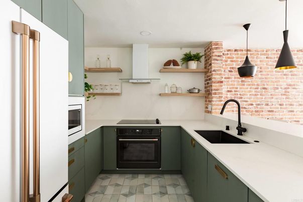 Interior, Kitchen, Pendant Lights, Recessed Lighting, Stainless Steel Appliances, Stone Walls