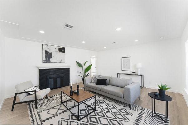 Fireplace, Interior, Living room, Recessed Lighting, Wood Texture Flooring