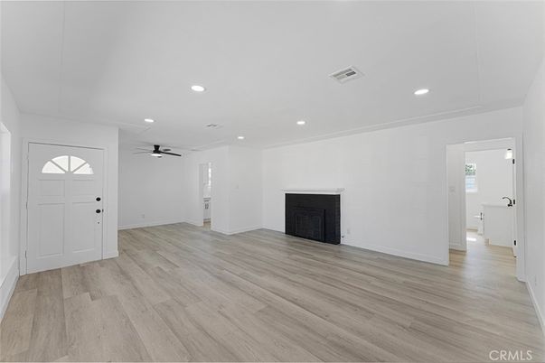 Empty room, Fireplace, Interior, Recessed Lighting, Wood Texture Flooring