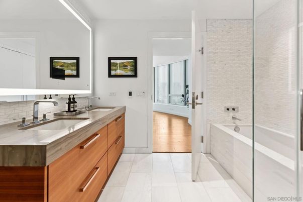 Bathroom, Dual Sink Vanities, Interior, Marble, Wood Texture Flooring