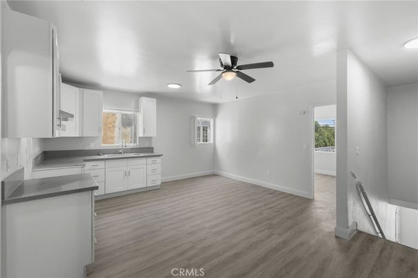 Empty room, Interior, Kitchen, Recessed Lighting, Wood Texture Flooring