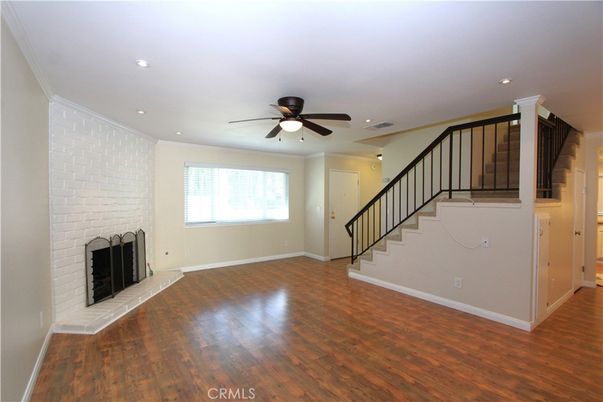 Empty room, Fireplace, Interior, Recessed Lighting, Wood Texture Flooring
