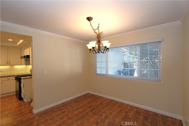 Chandelier, Empty room, Interior, Kitchen, Recessed Lighting, Wood Texture Flooring