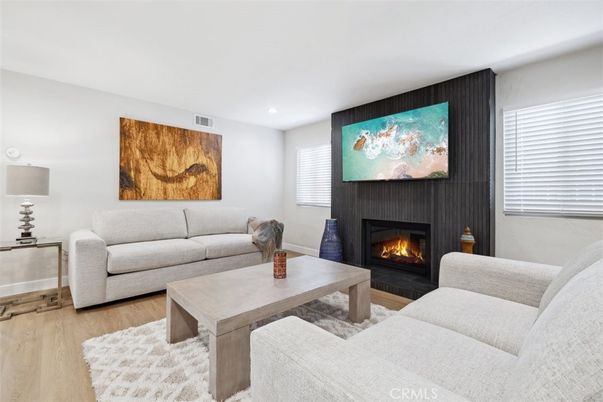 Fireplace, Interior, Living room, Recessed Lighting, Wood Texture Flooring