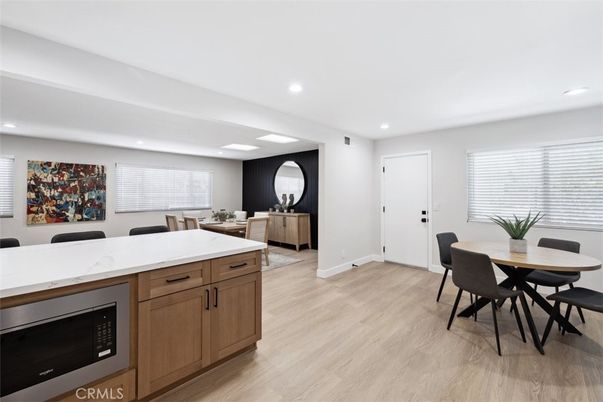 Dining room, Interior, Kitchen, Recessed Lighting, Wood Texture Flooring