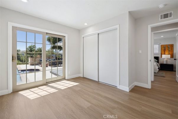 Bedroom, Empty room, Interior, Recessed Lighting, Wood Texture Flooring