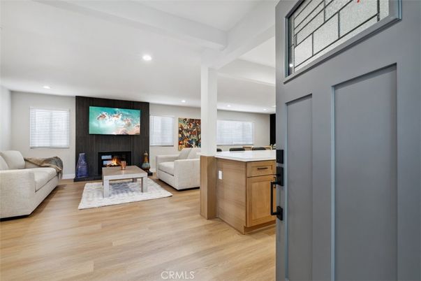 Fireplace, Interior, Living room, Recessed Lighting, Wood Texture Flooring