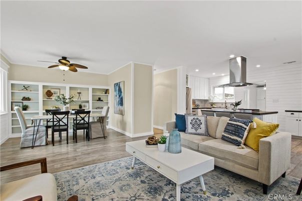 Dining room, Interior, Kitchen, Living room, Recessed Lighting, Wood Texture Flooring